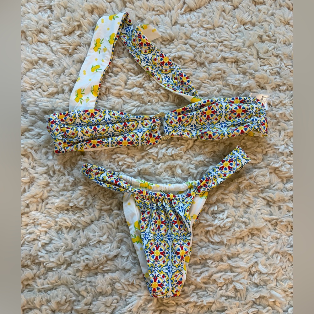 Floral Tile Print Bikini Set - Yellow & Blue